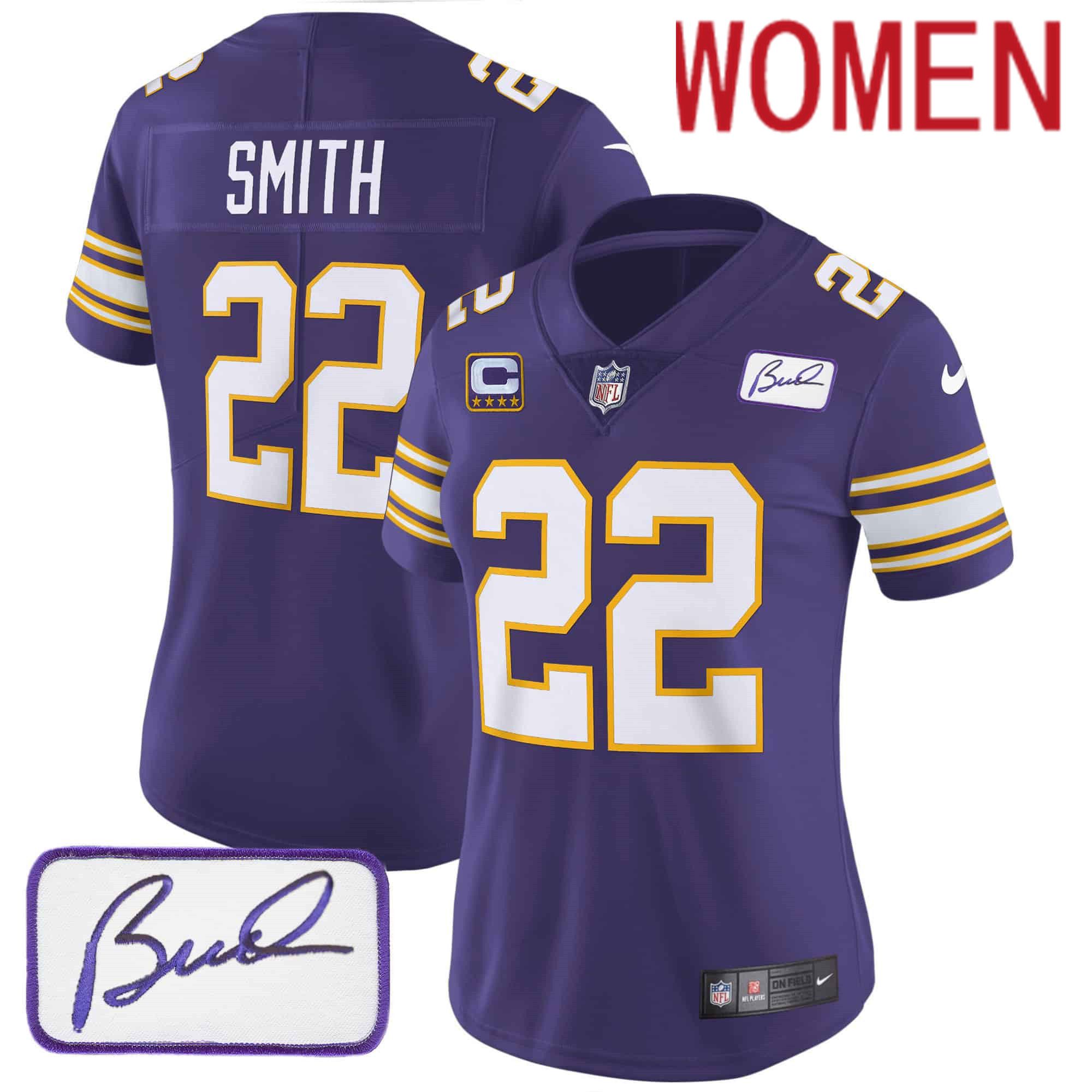Women Minnesota Vikings 22 Smith Purple 2024 Nike Bud Grant Patch Classic Limited NFL Jersey style 1